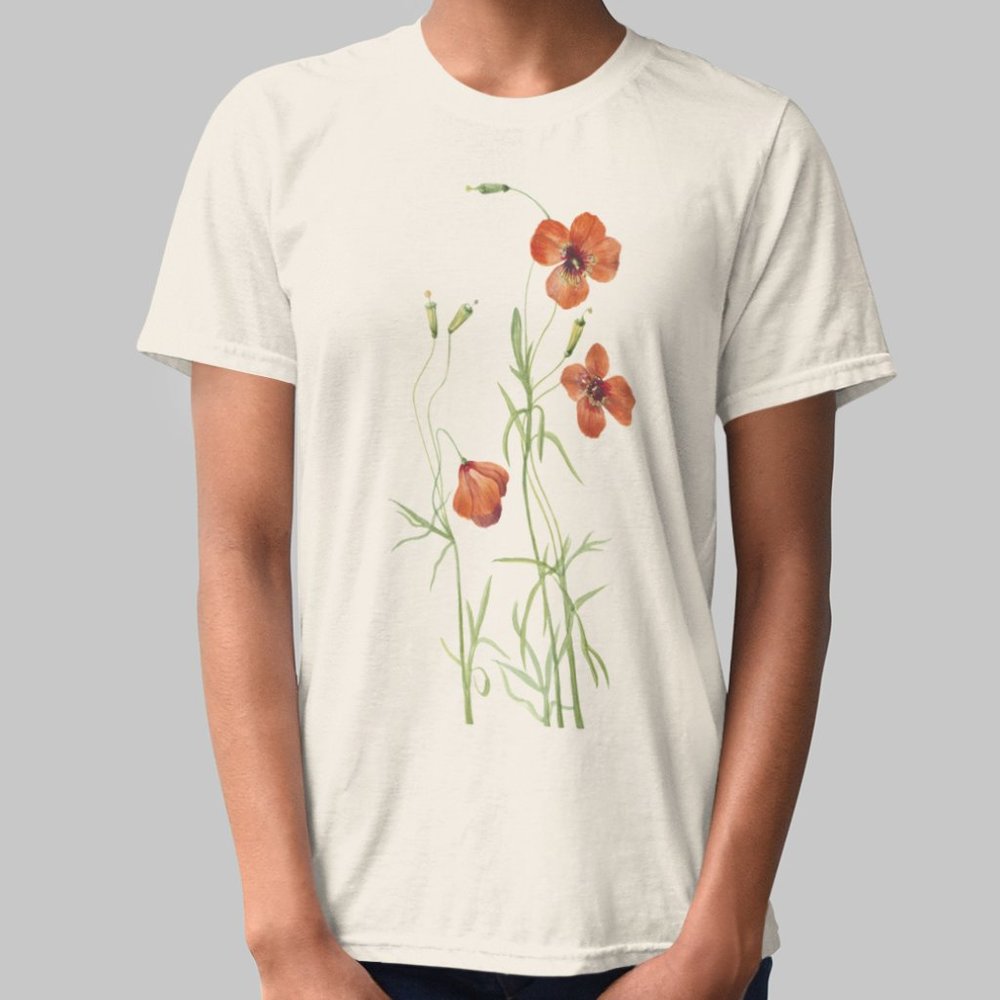 Orange Wind Poppy Vintage Floral Print Short Sleeve Graphic Tee T-shirt S M L XL